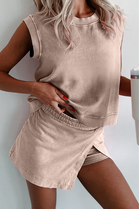 Effortless Style Washed Sleeveless Muscle Tee And Overlap Skort Two Piece Set